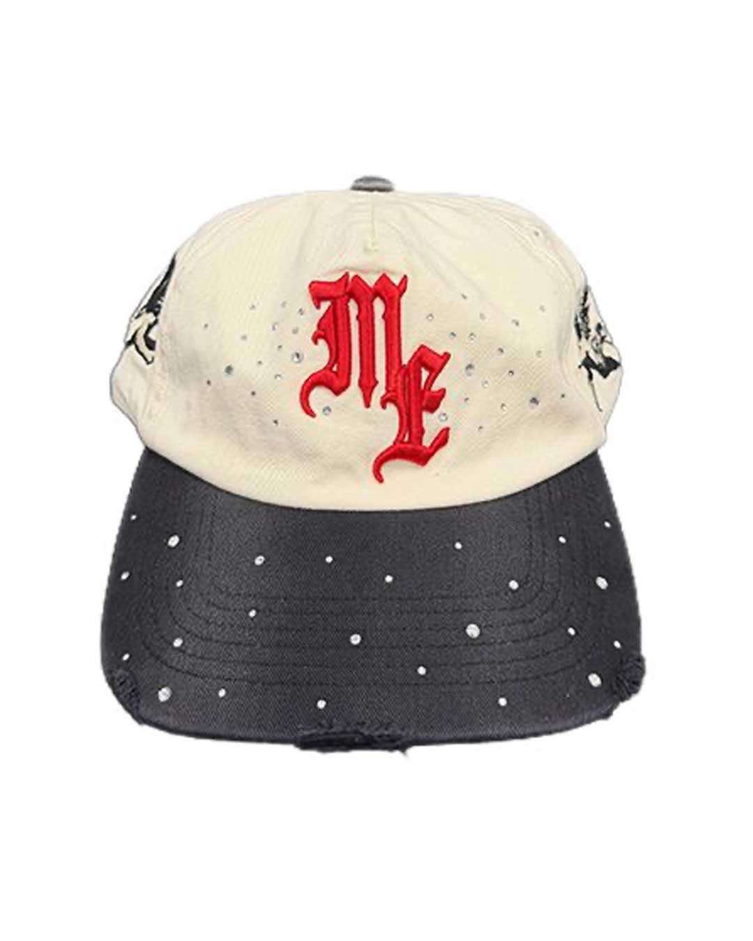 Mixed Emotions ME Hat tan, cream snapback with a red gothic ME logo, rhinestones and a charcoal brim, front view