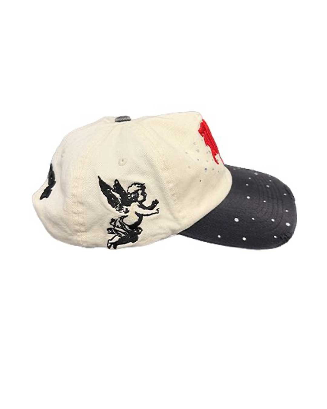 Mixed Emotions ME Hat tan, side view of the distressed cream crown
