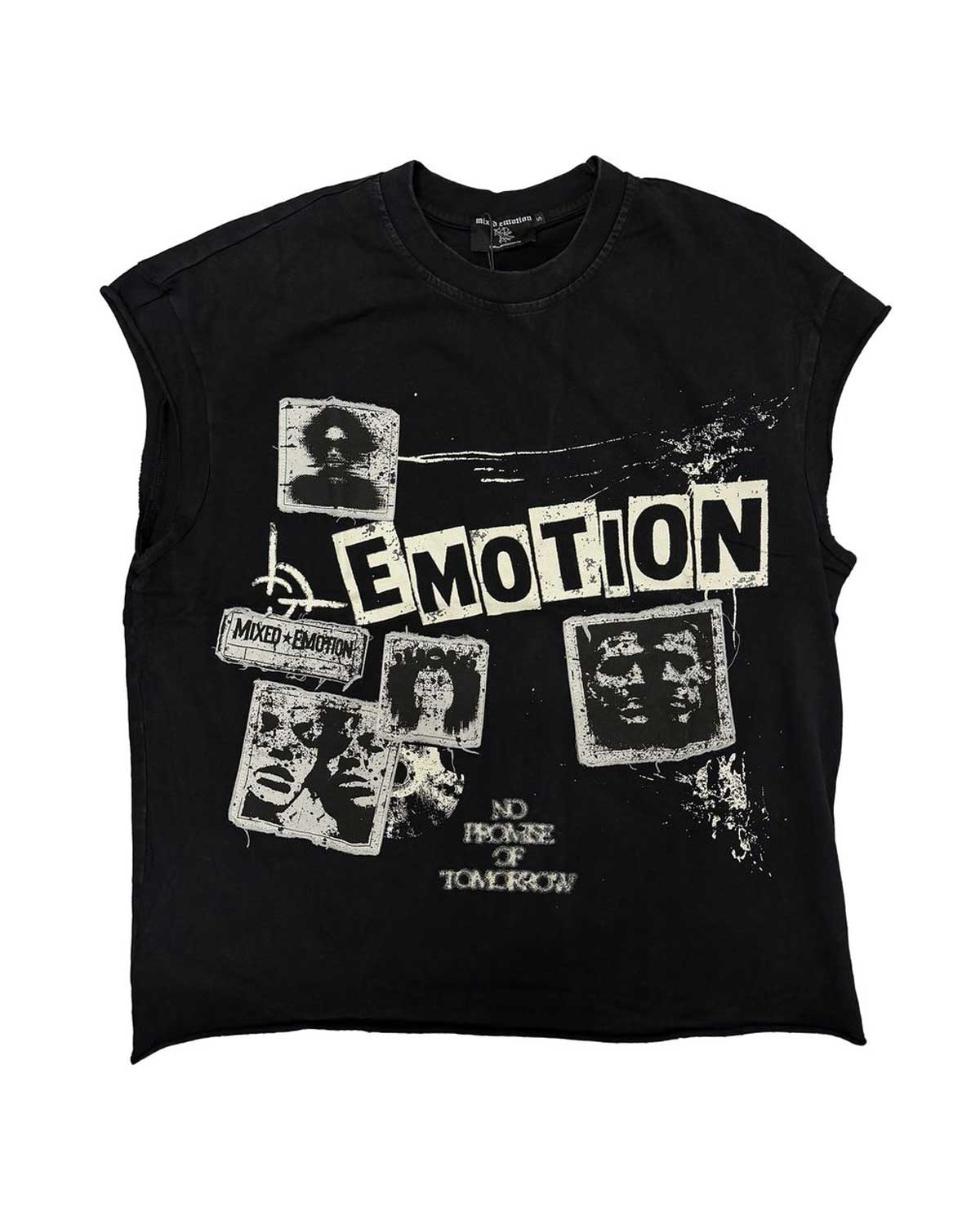 Mixed Emotions Newspaper Sleeveless Tee black, muscle tee with punk newspaper cut-out EMOTION collage, front view