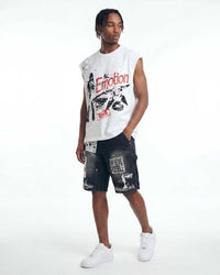 Model wearing Mixed Emotions Starboy Sleeveless Tee cream with black patchwork denim shorts, full front view