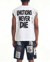 Model showing back of Mixed Emotions Starboy Sleeveless Tee cream with EMOTIONS NEVER DIE print