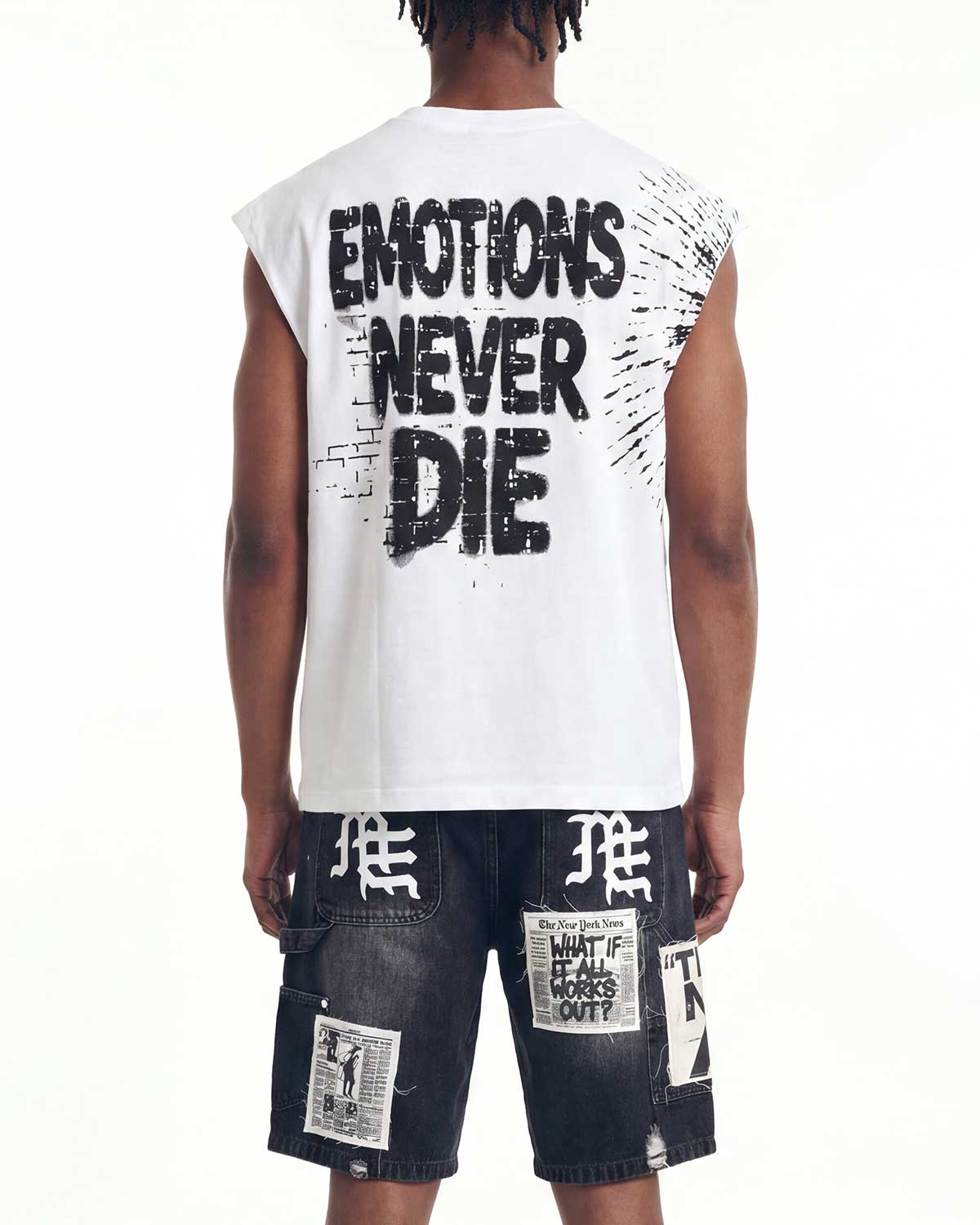 Model showing back of Mixed Emotions Starboy Sleeveless Tee cream with EMOTIONS NEVER DIE print