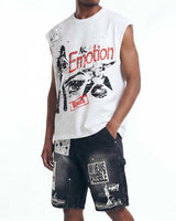 Model wearing Mixed Emotions Starboy Sleeveless Tee cream, close-up side view of the Emotion street-art graphic
