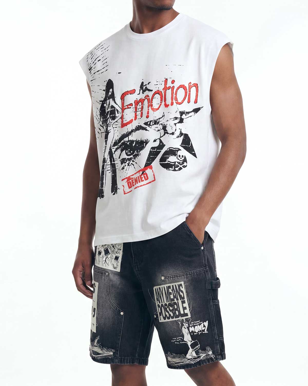Model wearing Mixed Emotions Starboy Sleeveless Tee cream, close-up side view of the Emotion street-art graphic