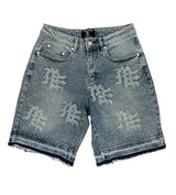 Mixed Emotions "ME" Rhinestone Denim Shorts Blue