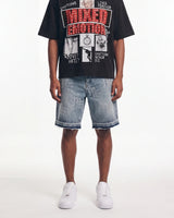 Mixed Emotions "ME" Rhinestone Denim Shorts Blue