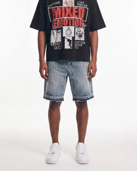 Mixed Emotions "ME" Rhinestone Denim Shorts Blue
