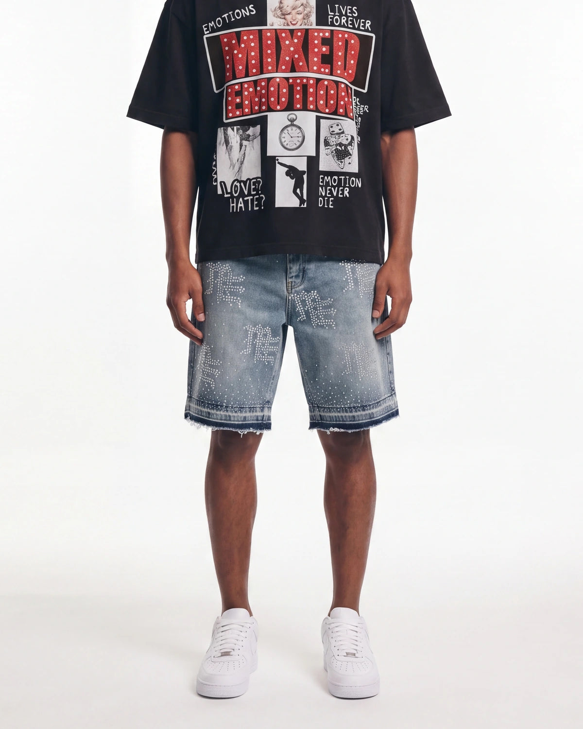 Mixed Emotions "ME" Rhinestone Denim Shorts Blue
