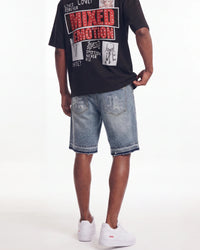 Mixed Emotions "ME" Rhinestone Denim Shorts Blue