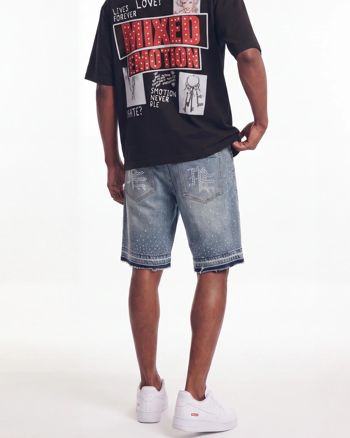 Mixed Emotions "ME" Rhinestone Denim Shorts Blue