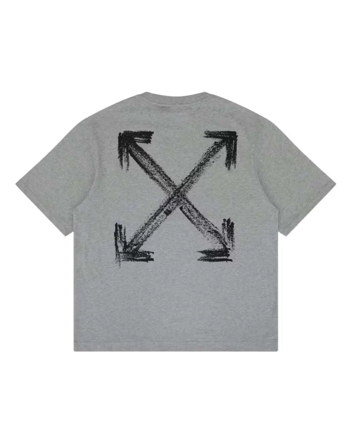 Off-White Chalk Arrow Tee heather grey, black brush-stroke cross-arrows graphic across the back, back view