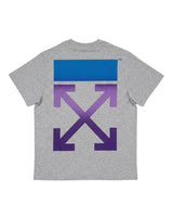 Off-White Multi Color Arrow Tee heather grey, blue block panel over purple gradient cross-arrows across the back, back view