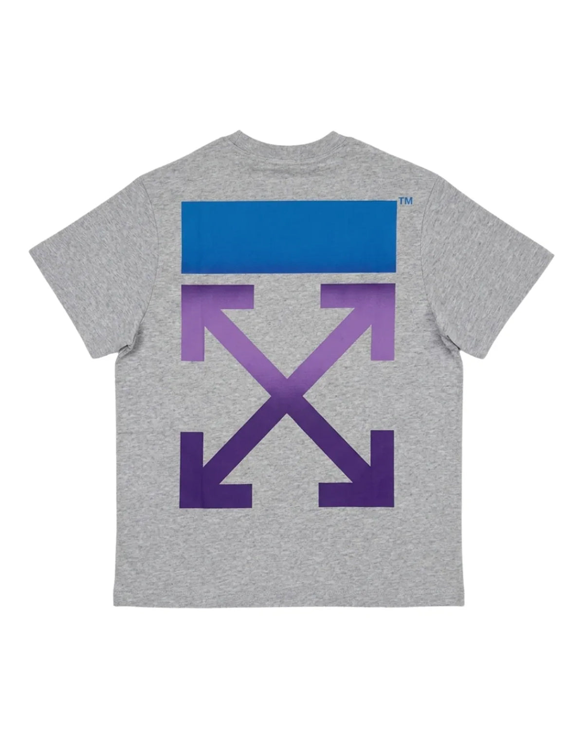 Off-White Multi Color Arrow Tee heather grey, blue block panel over purple gradient cross-arrows across the back, back view