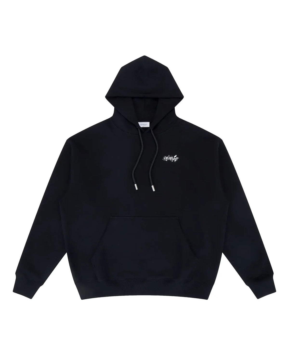 Off-White Outline Arrow French Terry Hoodie black, drawcord hood and kangaroo pocket with white logo script at the chest, front view