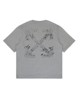 Off-White Outline Arrow Tee heather grey, black textured cross-arrows graphic across the back, back view