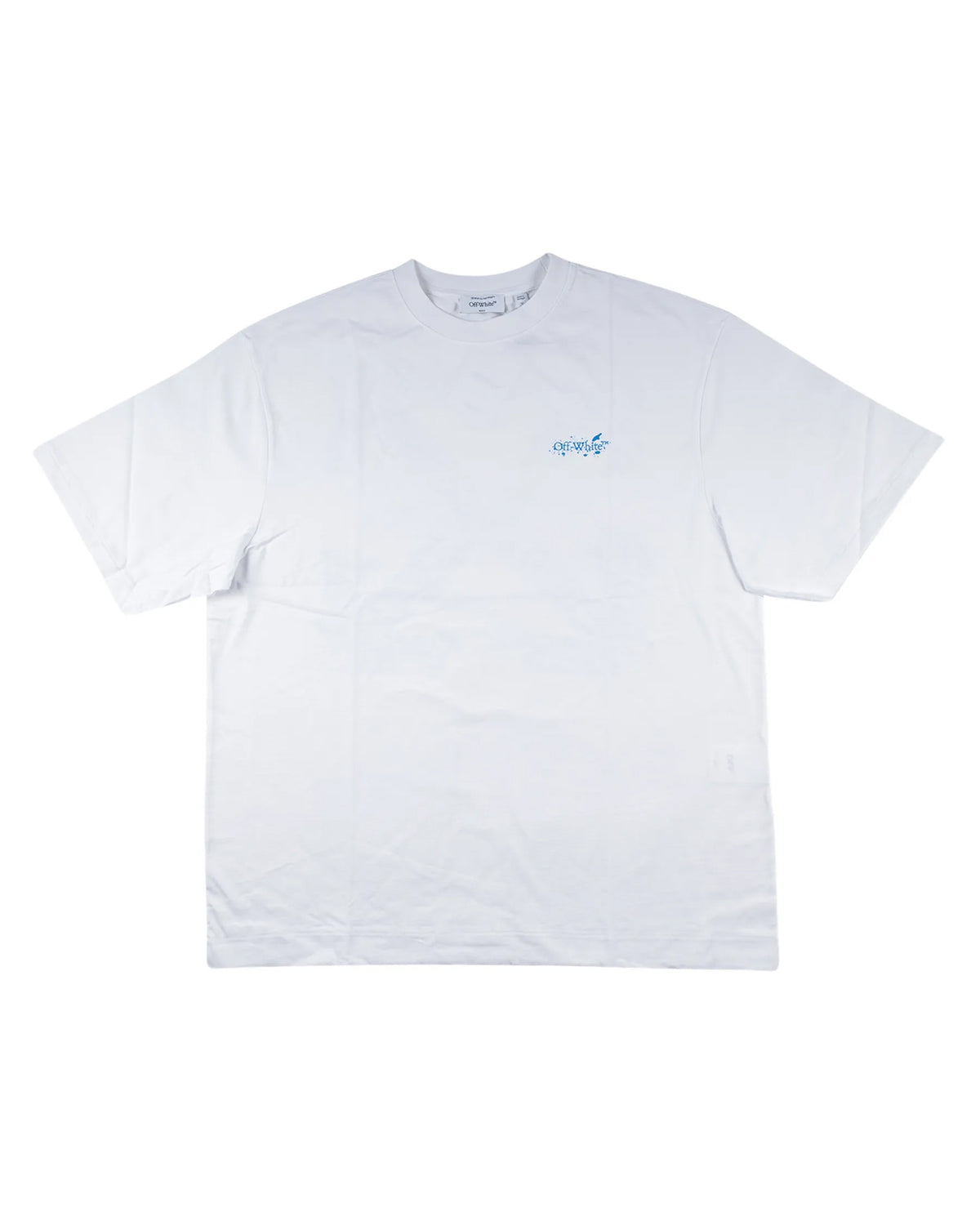 Off-White Outline Arrow Tee white, cotton t-shirt with blue logo script at the chest, front view