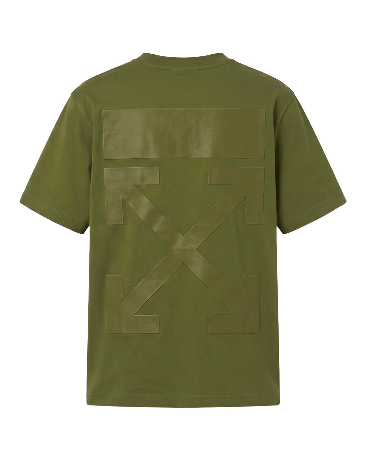 Off-White Patch Arrow Tee moss green, tonal appliqué cross-arrows under a rectangular panel across the back, back view