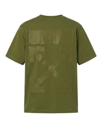 Off-White Patch Arrow Tee moss green, tonal appliqué cross-arrows under a rectangular panel across the back, back view