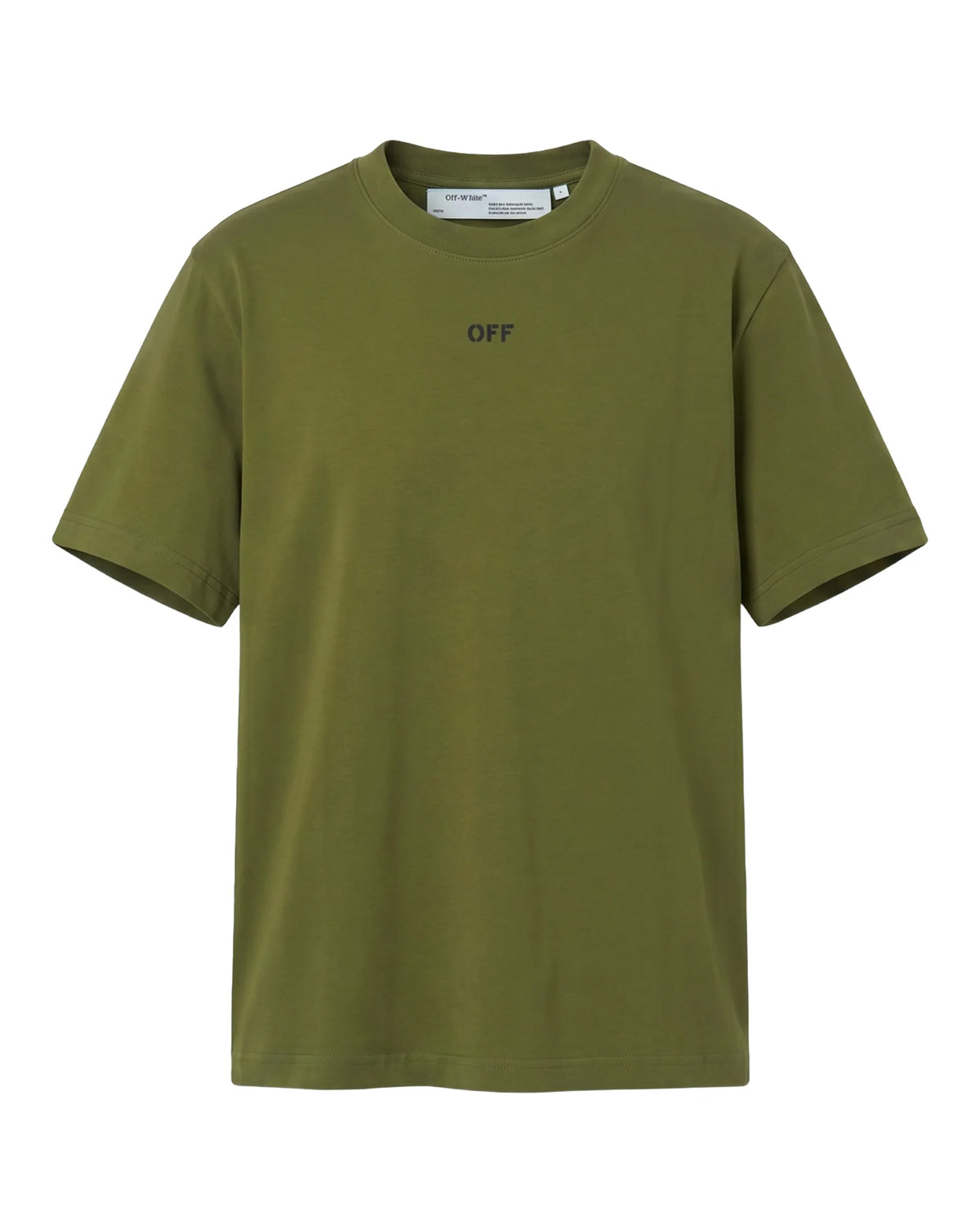 Off-White Patch Arrow Tee moss green, cotton t-shirt with small black OFF logo at the chest, front view