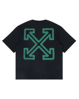 Off-White Tape Arrow Tee black, green tape-effect cross-arrows graphic across the back, back view