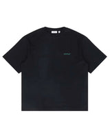 Off-White Tape Arrow Tee black, cotton t-shirt with small green logo script at the chest, front view