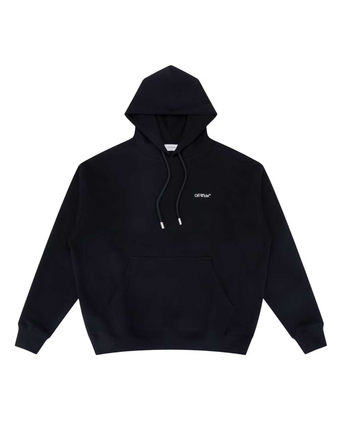 Off-White Windy Arrow French Terry Hoodie black, drawcord hood and kangaroo pocket with white Off-White script at the chest, front view