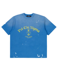 Pieces Brotherhood Tee faded blue, tee with yellow gothic “Psi Chi Sigma” crest graphic, front view