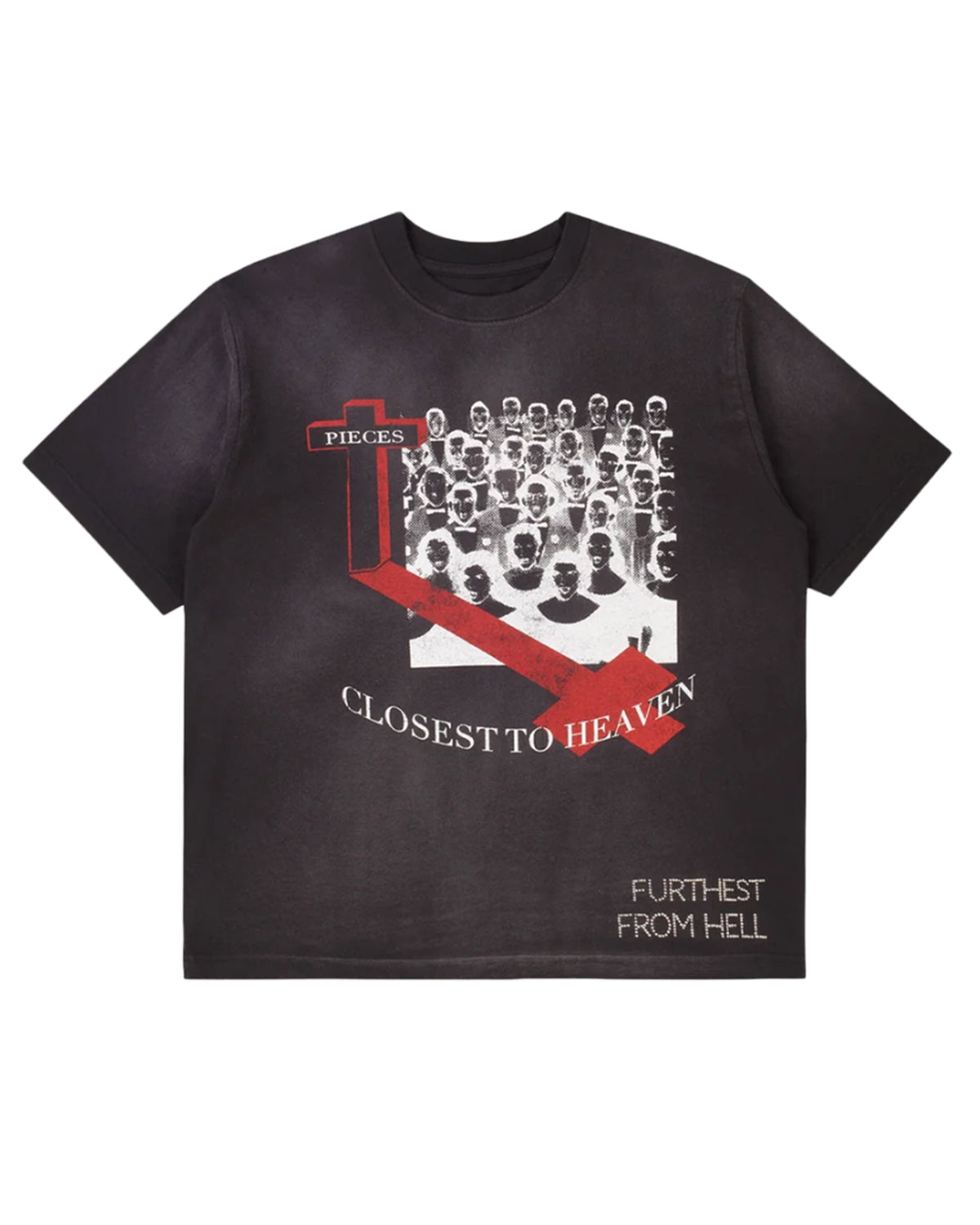 Pieces Closest To Heaven Tee vintage black, faded tee with red and white Closest To Heaven photo graphic, front view