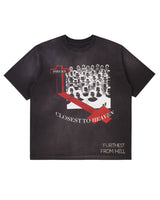 Pieces Closest To Heaven Tee vintage black, faded tee with red and white Closest To Heaven photo graphic, front view