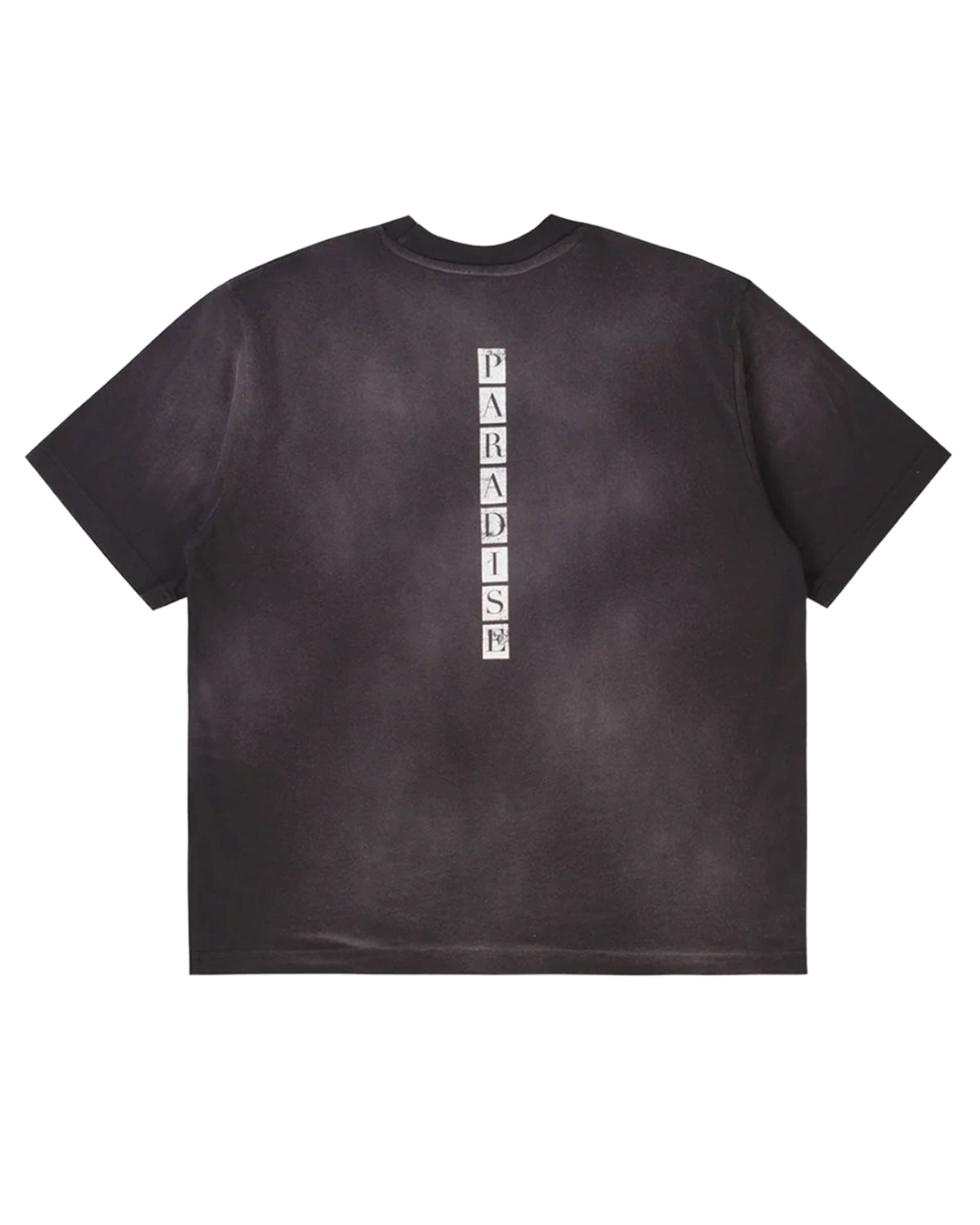 Pieces Closest To Heaven Tee vintage black, back view with vertical white text down the spine