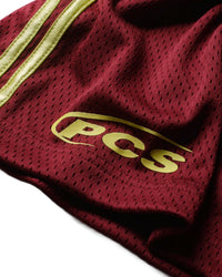 Pieces Hoop Long Shorts burgundy, close-up of the PCS logo and cream side stripes on the mesh