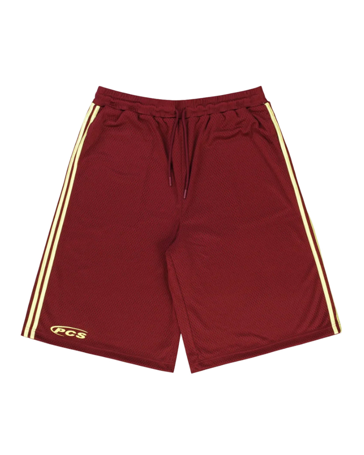 Pieces Hoop Long Shorts burgundy, mesh shorts with cream side stripes and PCS logo, front view