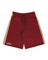 Pieces Hoop Long Shorts burgundy, mesh shorts with cream side stripes and PCS logo, front view
