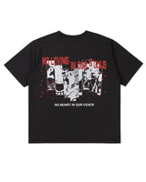 Pieces Sympathy Tee vintage black, photo collage with red lettering across the upper back, back view