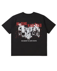 Pieces Sympathy Tee vintage black, photo collage with red lettering across the upper back, back view