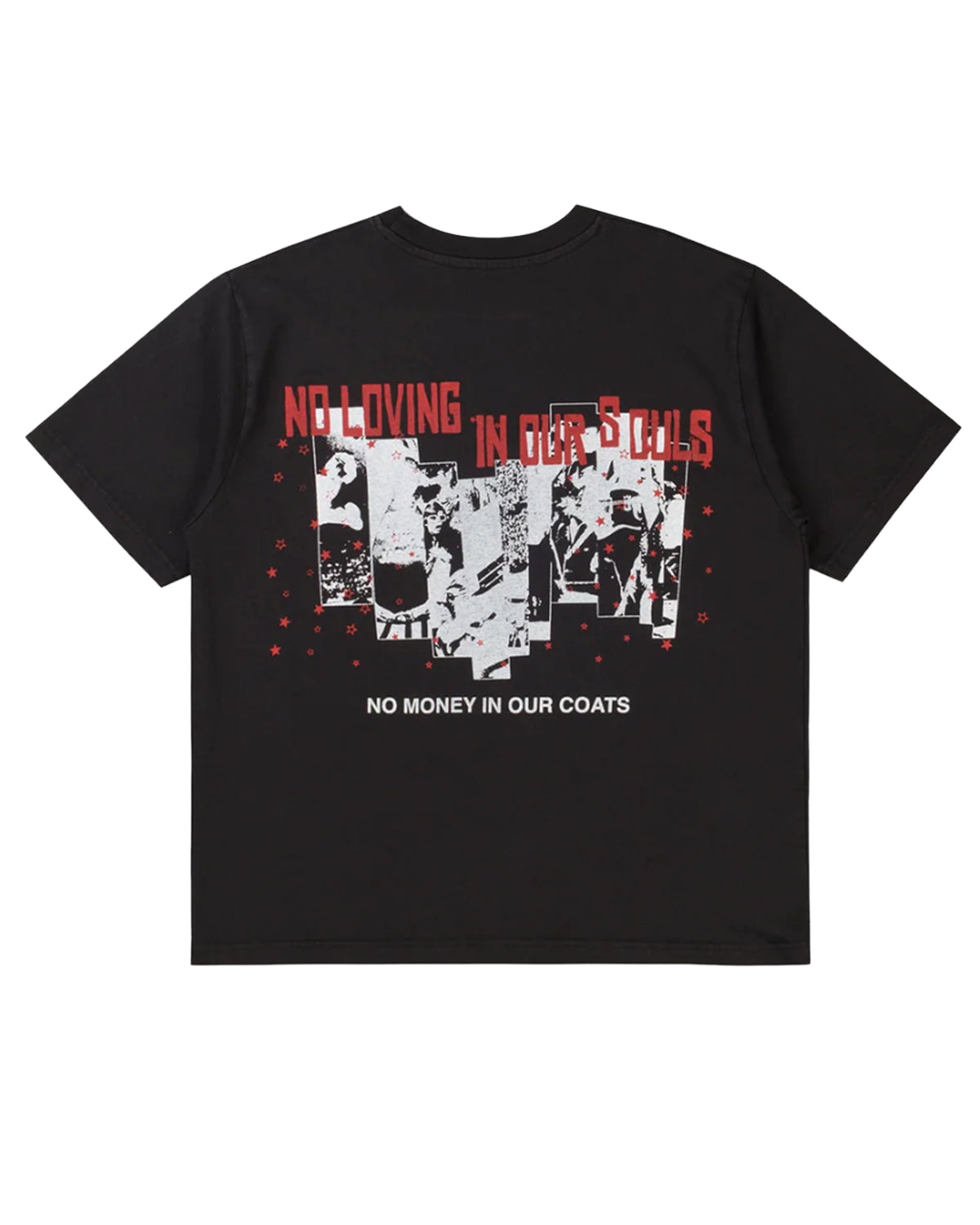 Pieces Sympathy Tee vintage black, photo collage with red lettering across the upper back, back view