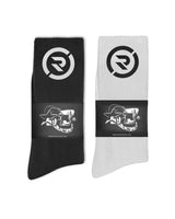 Restock AR OG Logo Sock (2-Pack) black and white, both crew socks shown side by side with branded packaging bands