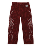 Revenge Flame Distressed Boro Denim Pant Red front view