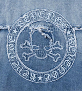 Revenge Frayed Skull Patched Denim Jacket Indigo close up back