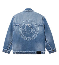 Revenge Frayed Skull Patched Denim Jacket Indigo back view