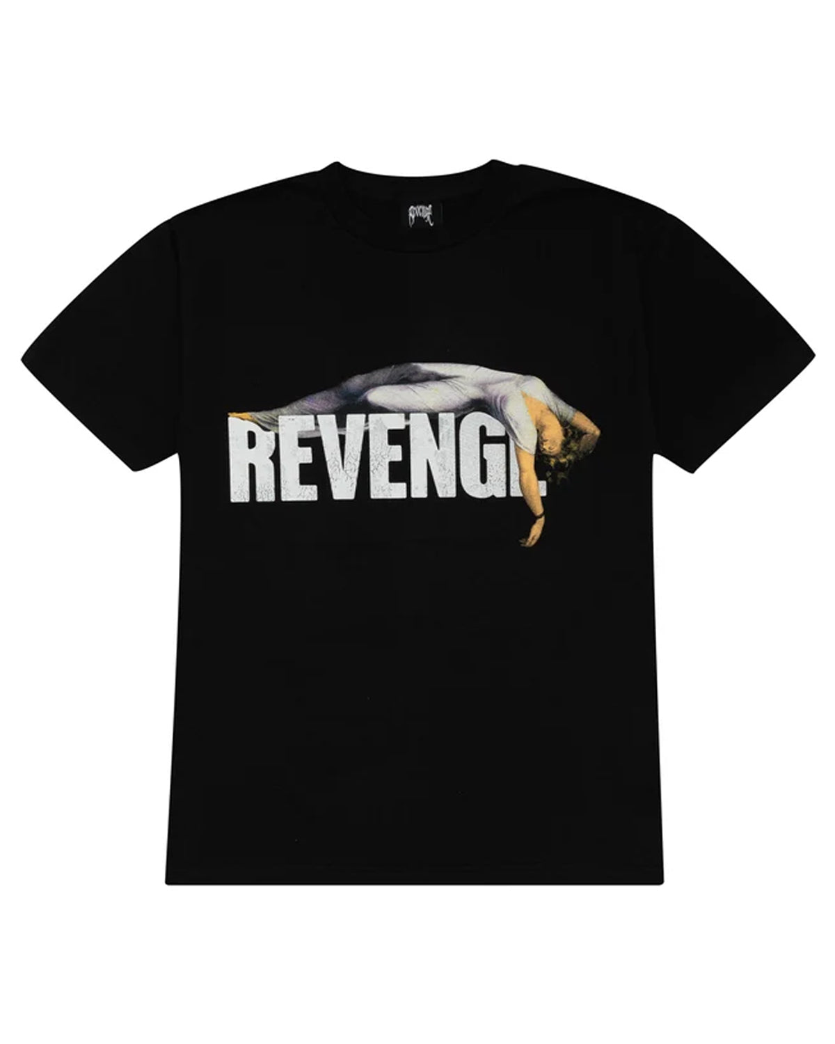 Revenge Nightmare Tee Black, black cotton tee with a cracked white REVENGE wordmark and a fainting figure in a white gown, front view