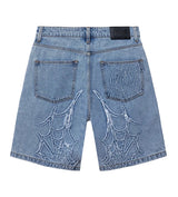 Revenge Spider Web Embroidered Denim Short Indigo