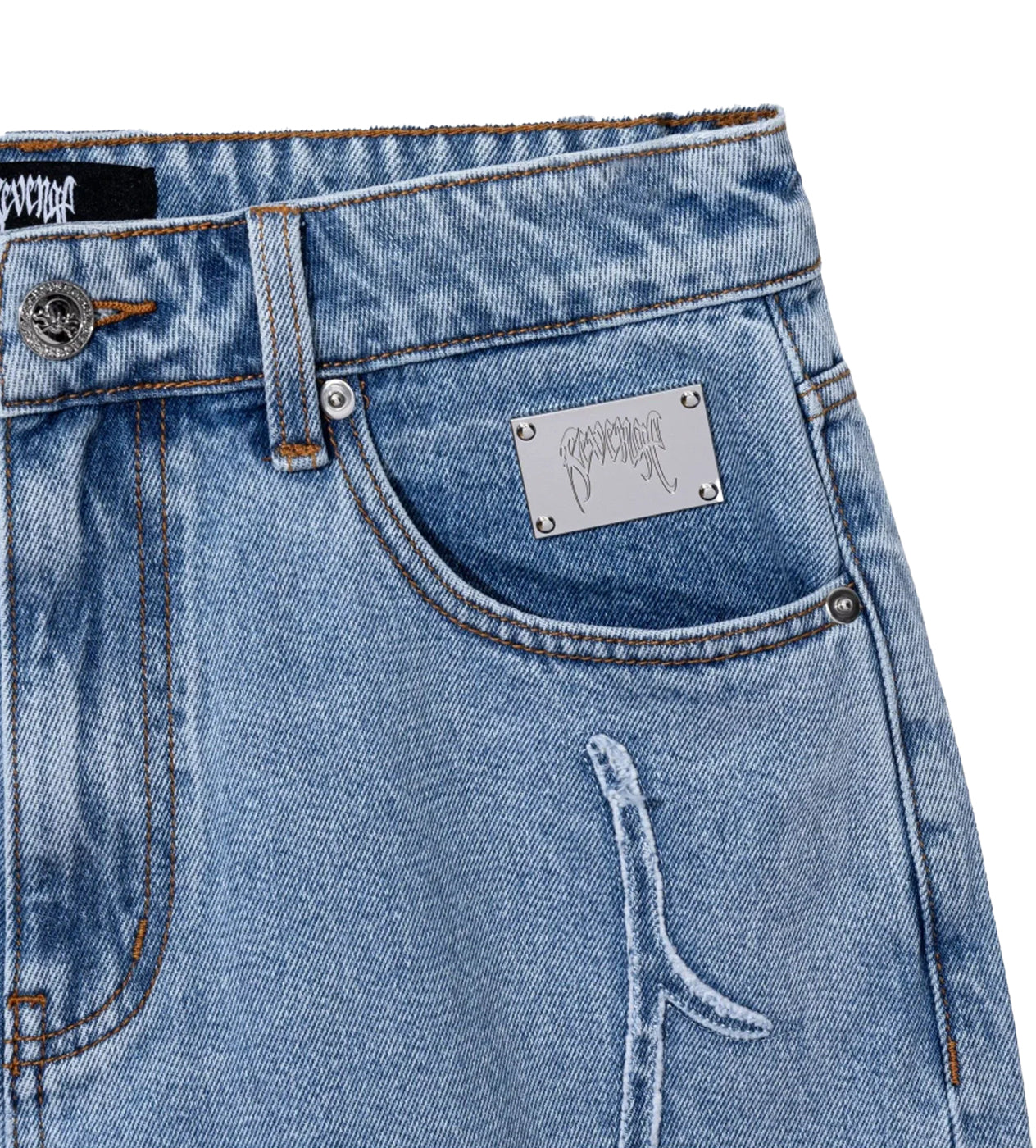 Revenge Spider Web Embroidered Denim Short Indigo