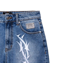 Revenge Thorn Denim Shorts Blue Front Detailed