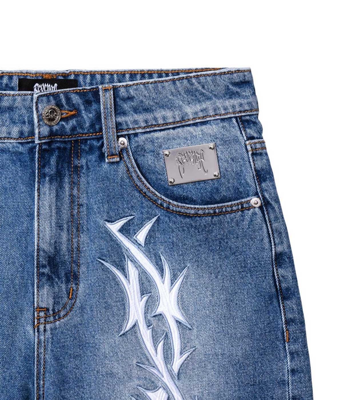 Revenge Thorn Denim Shorts Blue Front Detailed