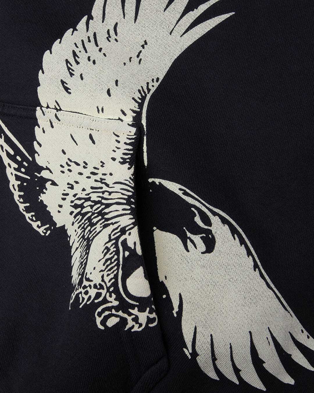 Rhude Eagle Pass Zip Up Hoodie black, close-up of the cream eagle graphic