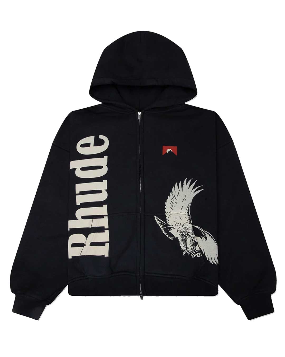 Rhude Eagle Pass Zip Up Hoodie black, zip hoodie with vertical cream Rhude lettering and an eagle graphic, front view