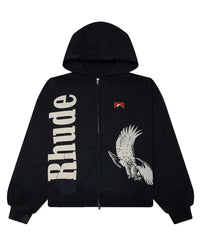 Rhude Eagle Pass Zip Up Hoodie black, zip hoodie with vertical cream Rhude lettering and an eagle graphic, front view
