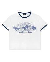 Righteous Holy Sacrifice Ringer Tee white, navy trim with blue illustrated scene across the chest, front view