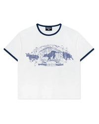 Righteous Holy Sacrifice Ringer Tee white, navy trim with blue illustrated scene across the chest, front view